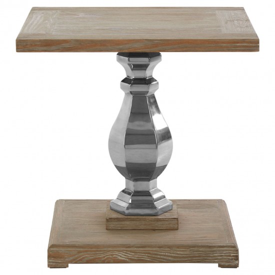 Madison Carved Light Wood and Chrome Finish Square Side Table 