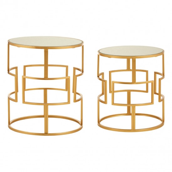 Amera Gold Finish Mirror Top Side Table Set 